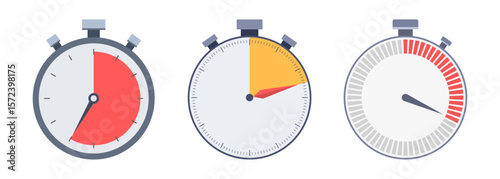Set of three stopwatch vector color icons. Vector color illustration. Chronometers with time limit factor, deadline concept flat icons. Flat design stopwatchs.