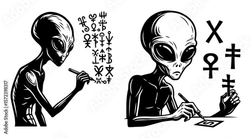 alien scientists writing cosmic symbols monochrome vector illustration