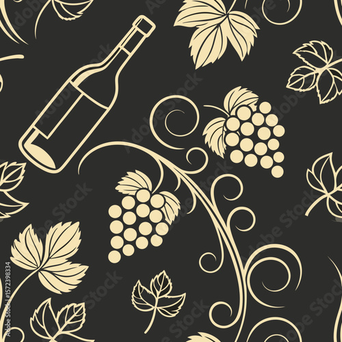 Seamless vector pattern of grapes and wine bottle on dark background  