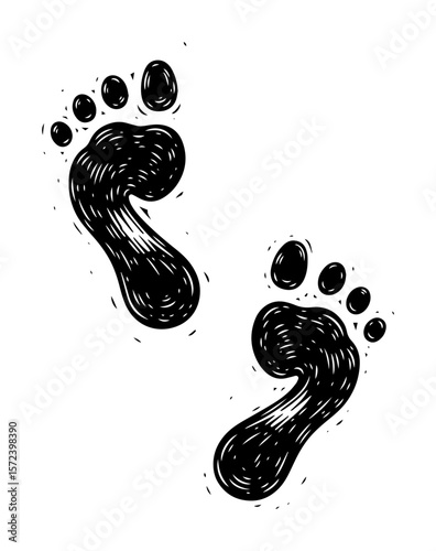human footprints woodcut style vector illustration