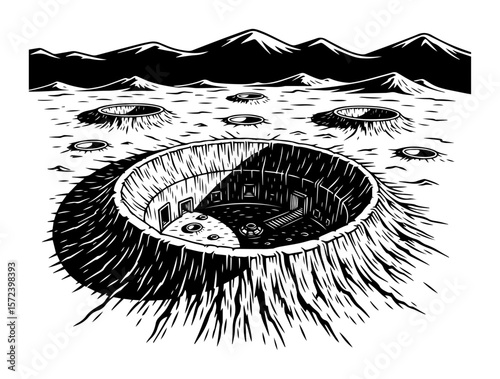 secret base inside moon crater vector illustration