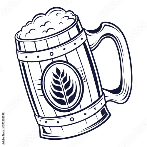 Wooden beer mug with foamy head barley drink