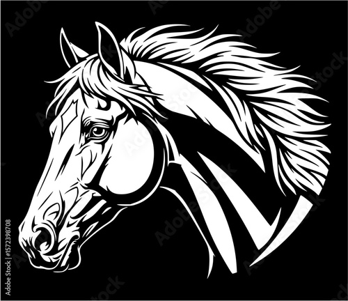 A majestic horse's head, rendered in striking black and white, showcases detailed mane and facial features.