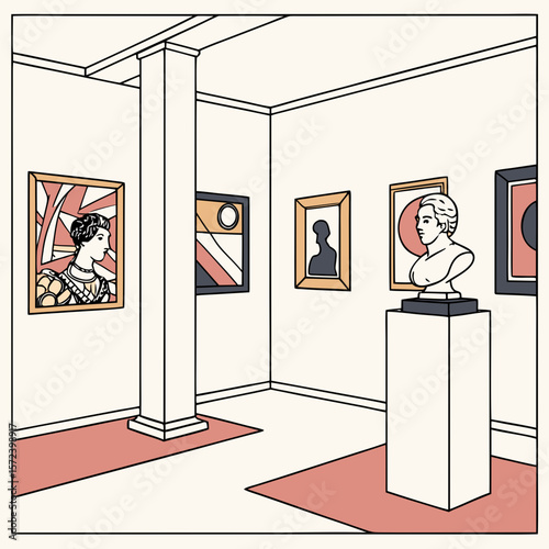 Gallery interior with paintings and sculpture art exhibition