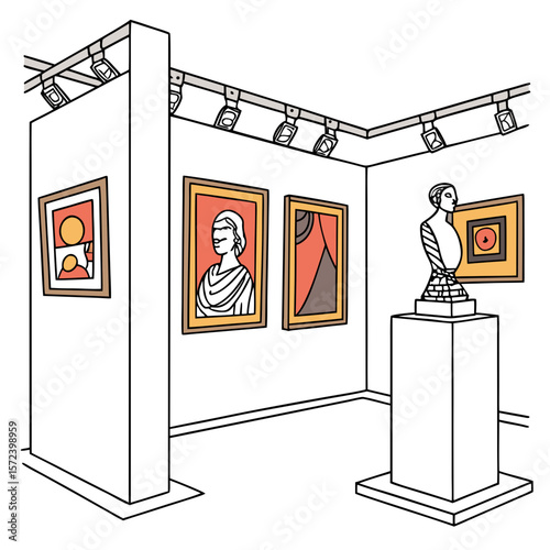 Gallery display with paintings and sculpture art exhibition