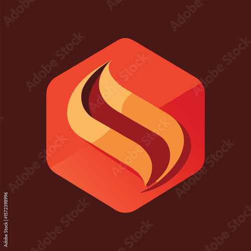 Abstract hexagonal logo with fiery swirls and deep red background