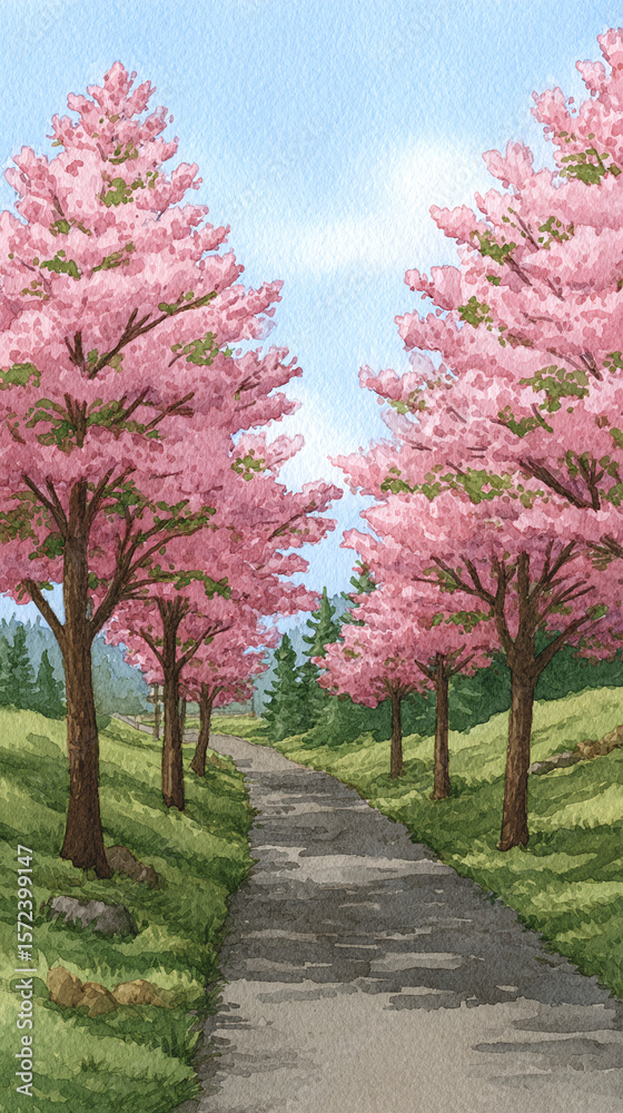 Naklejka premium Serene Pink Cherry Blossom Pathway: A Tranquil Spring Landscape Awash with Nature's Beauty and Vibrant Colors, Perfect for Relaxation and Outdoor Enthusiasts