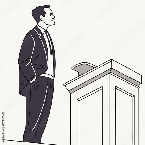 Man in suit standing by podium speaking
