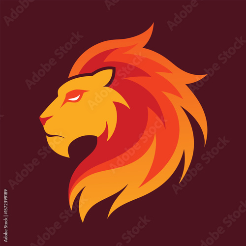 Stylized lion head with fiery mane on dark background