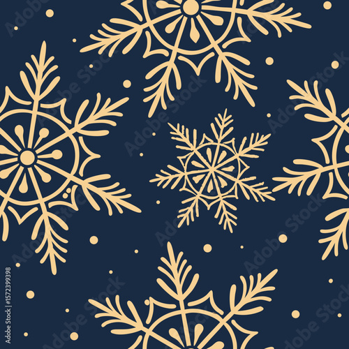 Golden snowflakes on dark blue seamless vector pattern background  