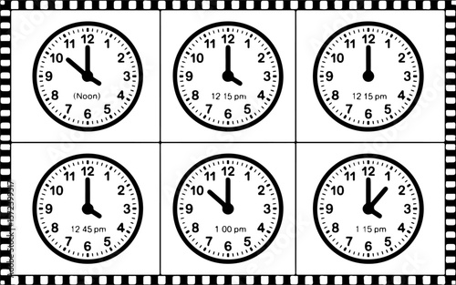 Set of vector clocks showing time, hour, minute, second, and alarm symbols for business and office design