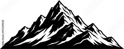Black and white illustration of a jagged mountain range with sharp peaks.