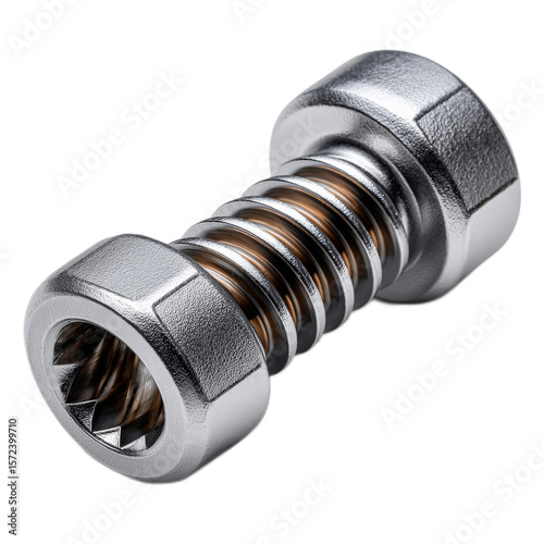 Close-Up View of a Metallic Screw with Threaded Shaft and Hexagonal Head on a White Background for Industrial Applications