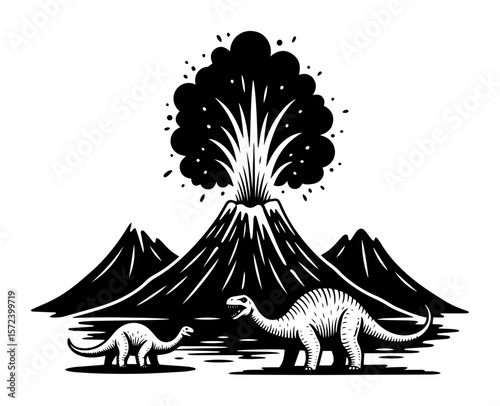 prehistoric volcano eruption with dinosaurs monochrome vector illustration