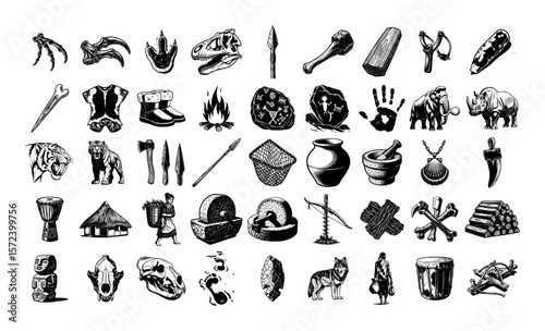 prehistoric stone age icons set vector illustration