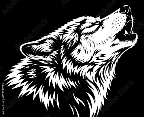 A stylized, black and white illustration depicting a howling wolf against a dark background.