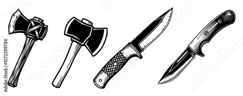 camping axes and knives tool set monochrome vector illustration