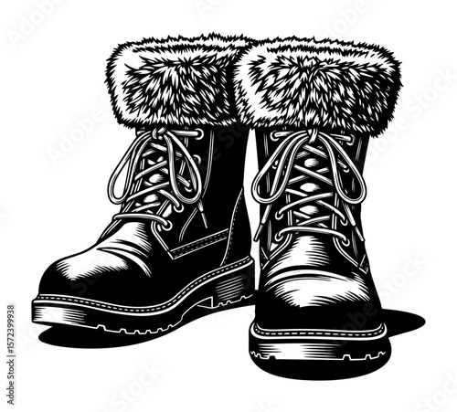 winter boots with fur monochrome vector illustration