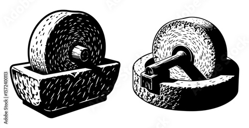 old millstone grinding stones monochrome vector illustration