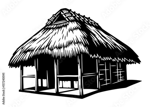 thatched hut tribal house monochrome vector illustration