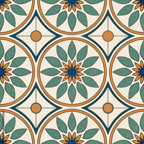 Floral seamless vector pattern with geometric shapes in muted colors  