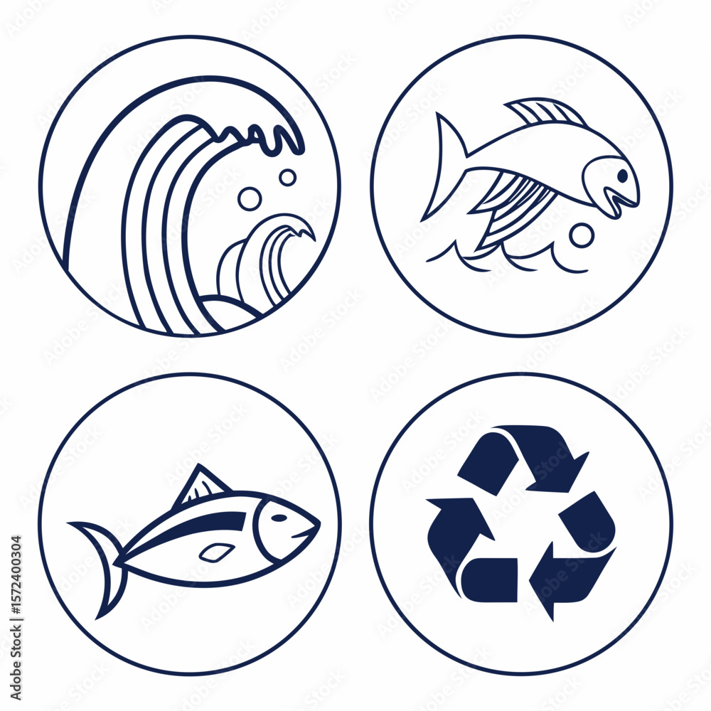 Fototapeta premium Ocean wave fish recycle symbols vector