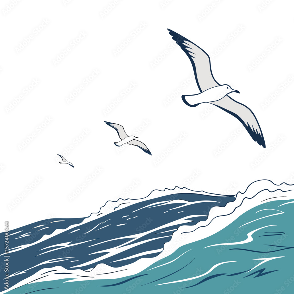 Fototapeta premium Seagulls flying over ocean waves birds
