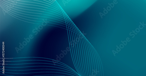A teal-toned abstract background features graceful curving lines that create a sense of elegant movement across the cool, gradient backdrop with varying shades of depth