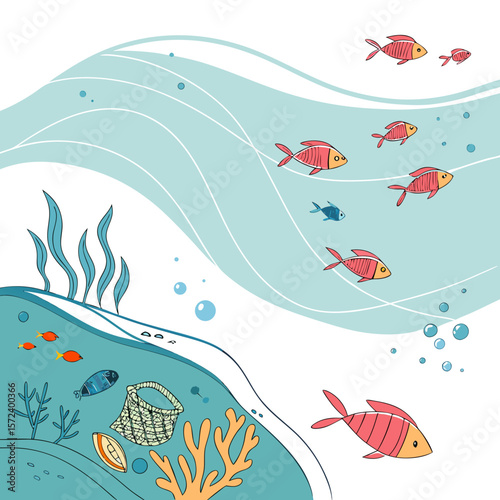 Coral reef with fish and basket ocean underwater