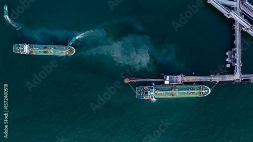 Aerial view crude oil tanker ship and tugboat, Global business import export freight shipping crude oil logistic transport international, Crude oil tanker ship industrial sea freight logistic maritime