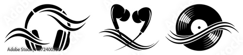 music wave icon set with headphones and vinyl record logo