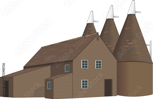 Oast House Vector Illustration, Traditional Building for Drying Hops, Rural Architecture