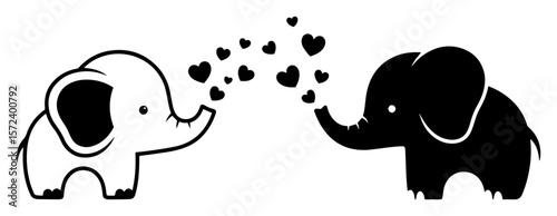 cute elephants with hearts monochrome vector illustration