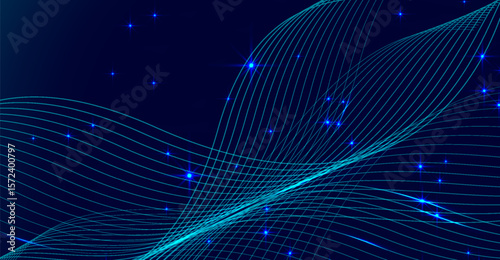 A navy blue background displays delicate, light blue sinusoidal waves alongside glowing dots, crafting a dynamic and elegant effect suitable for digital artistry or technological themes