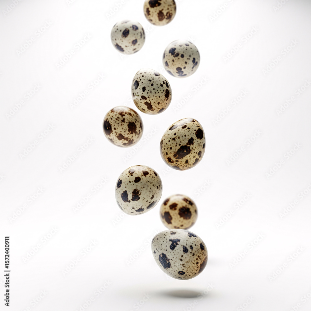 Quail eggs with a speckled shell pattern, falling, creating a dynamic and natural image, Quail eggs with a speckled shell pattern, falling, creating a dynamic and natural image,