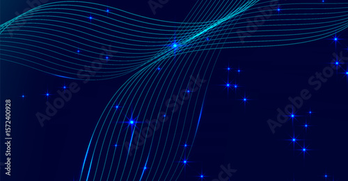 Wavy turquoise lines dance against a dark blue gradient backdrop, punctuated by sparkling blue stars, creating a sense of depth and flowing movement with futuristic style