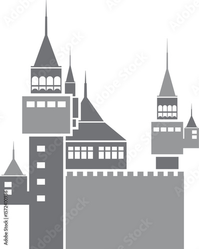 Stylized Gray Castle Silhouette with Towers, Walls, and Windows on a Black Background