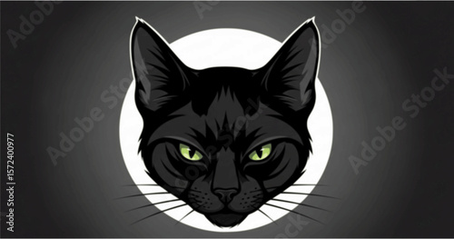 A stylized portrait of a black cat's head, framed by a white circle against a dark gray background.  The cat's intense green eyes are prominent.