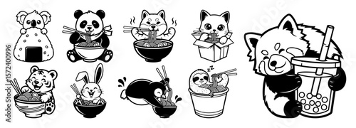 cute animals eating ramen monochrome vector illustration