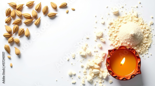 Diwali food preparation featuring nuts, flour, and a diya lamp arranged on a white background, perfect for traditional indian cooking