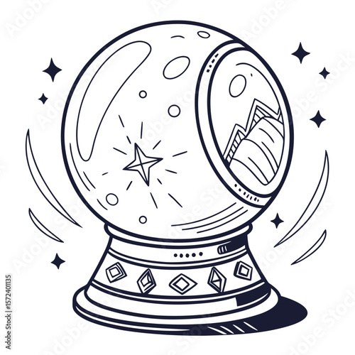 Crystal ball with stars and mountain scene fortune telling