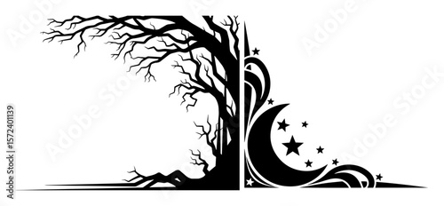 dream tree with stars monochrome vector illustration