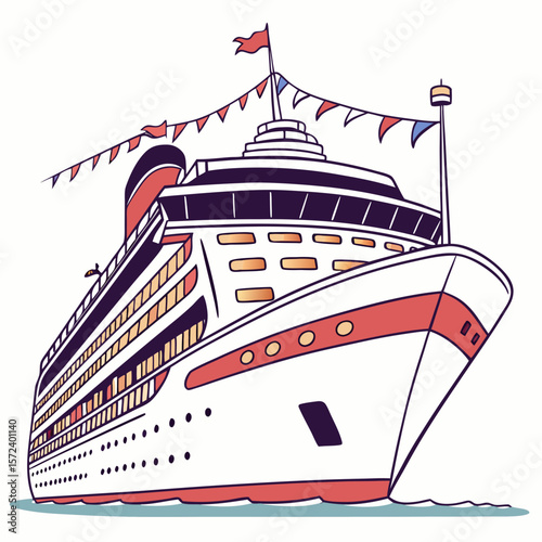 White cruise ship with red accents and festive flags