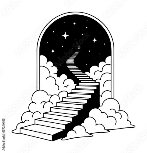 stairway to heaven clouds and stars monochrome vector illustration