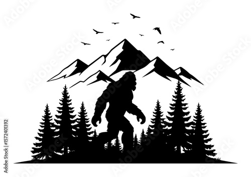 bigfoot sasquatch walking in mountain forest silhouette logo