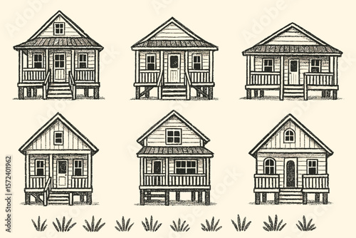Six detailed illustrations of small, elevated wooden houses or cabins with porches and gabled roofs, arranged in two rows with grass details at the bottom.