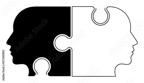 two heads as puzzle pieces psychology connection vector icon