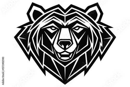 Bold bear head in abstract black lines features strong tribal geometric style