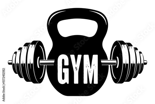 gym kettlebell with barbell monochrome vector illustration