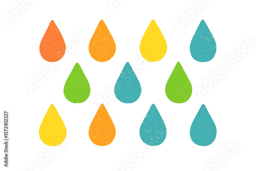 Colorful stylized raindrops arranged in a pattern against a white background.